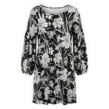 NEW Bryn Walker Black White Floral Modal Shift Dress Balloon Sleeve 2XS XXS USA