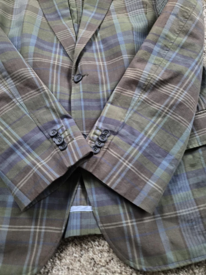 Abrigo deportivo vintage Banana Republic para hombre 42S verde azul a cuadros mezcla de algodón y lino Foto 3 de 4