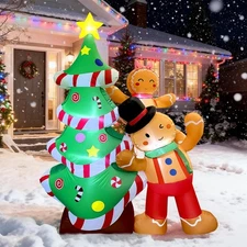 8FT Inflatable Christmas Tree with Gingerbread Man, Giant Outdoor Christmas I...