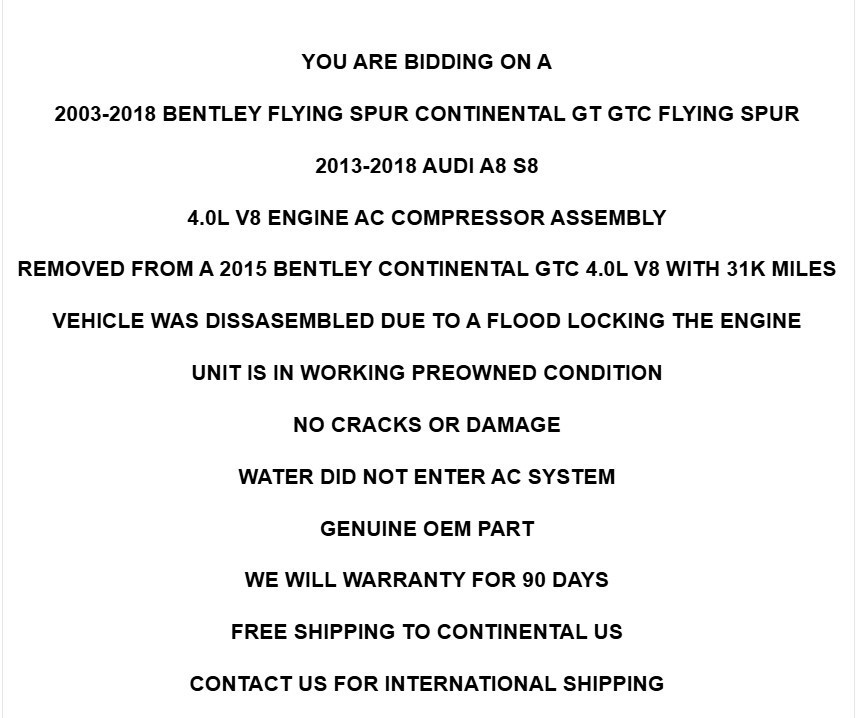 2003-2018 Bentley Continental GT GTC Flying Spur V8 Engine AC Compressor OEM