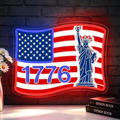 1776 USA Flag Neon Sign, Statue of Liberty American Flag LED Decor Light
