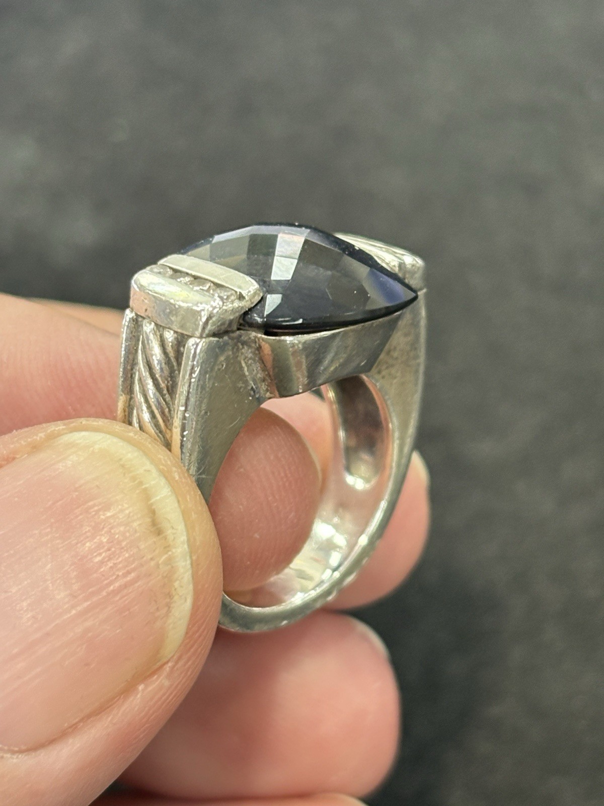 David Yurman 925 Silver 15mm Cushion Black Onyx & Diamond Cable Ring sz 6