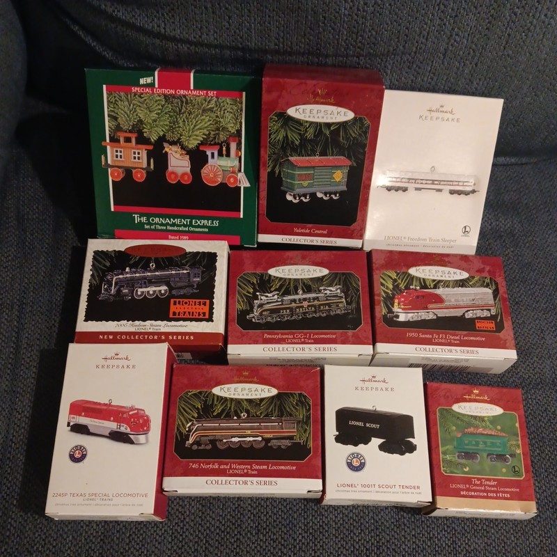 Lot of 10 Hallmark  Christmas Ornaments  80s till now lionel and other trains