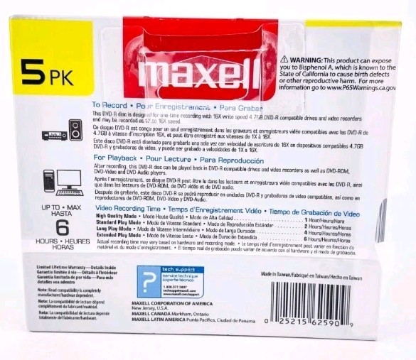 Maxell DVD-R Discs, 4.7GB, 16x, w/Jewel Cases, 5/Pack 025215625909 NEW Sealed