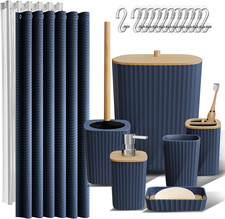 Navy Blue Bathroom Accessories Set Shower Curtain Rug Polyester Bath Set