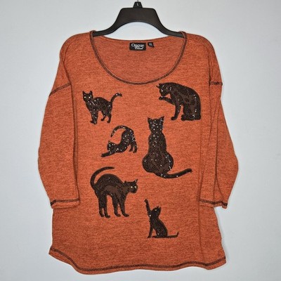 Onque Casuals XL Burnt Orange Black Cat Beaded Top Sequin Embellished Art To Wea