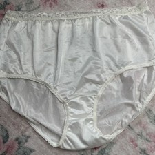 Vtg Panties Sheer Nylon Brief Granny Hanes 10 3XL Satin Lace Trim Satin Ivory
