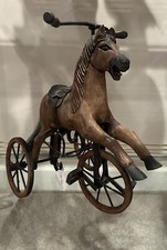 Vintage Wooden  Metal Tricycle hand carved Horse working pedels/Wheels saddle