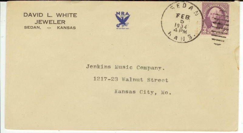 1934 Sedan Kansas David L White, Jeweler - NRA - to Jenkins Music Co KCMO