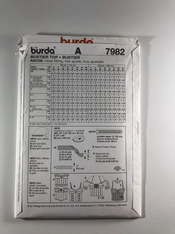 Burda 7982 Bustier Top Corset Camisole Sizes 6 8 10 12 14 16 18 20 UNCUT Pattern - Image 2 of 4
