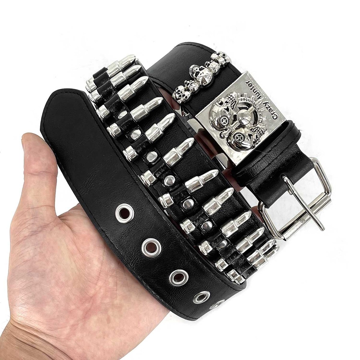 Double Skull Studs Bullets Belt Mens Leather Waistband Punk