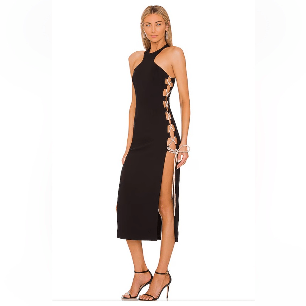 NBD Heena Midi Dress black lace up crystal tie bodycon stretch Revolve NWT S