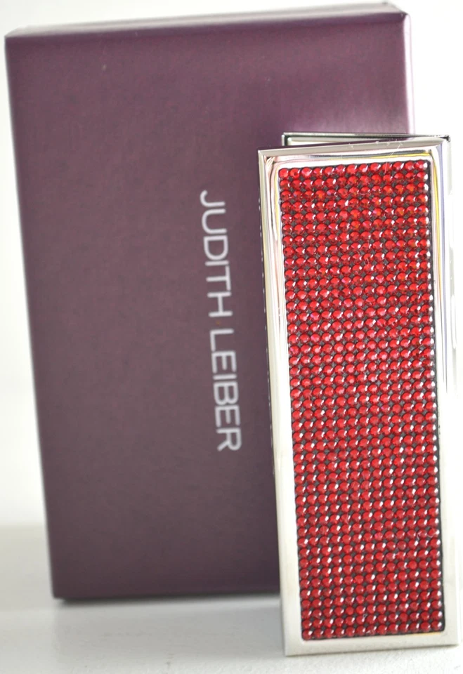 Judith LEIBER Mirror Compact Purse Slim Pocket Red Siam Crystal Silver NEW - Image 2 of 4