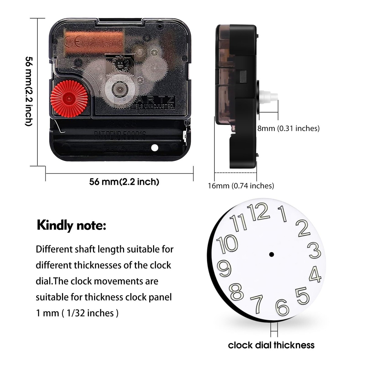 2 Silent Sweep Clock Motor Movement Mechanism With 5 Pack Different Size And Colorful Clock Hands (Black)