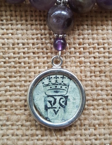 Authentic Spanish Colonial Pirate Shipwreck 1/2 Maravedis Coin Amethyst Necklace