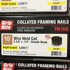 (BOX OF 3000) Grip-Rite 2-3/8 x .113” Bright 15 Deg. Round Head Framing Nail
