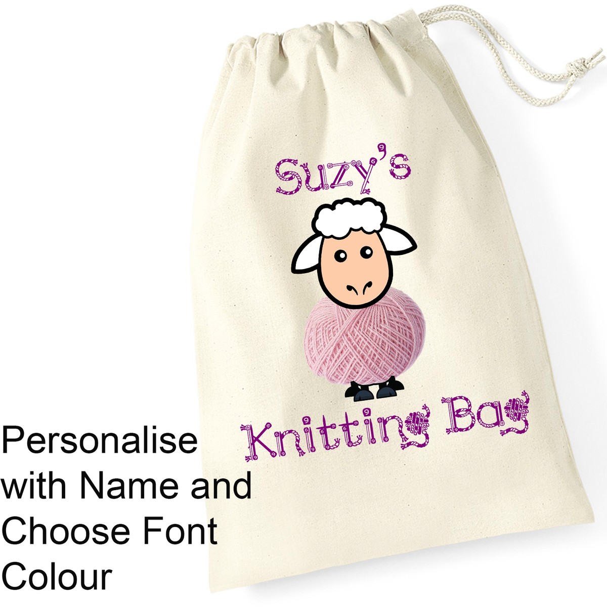 Knitting Bag Personalised Printed Cotton Drawstring Wool Storage