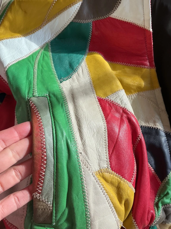 Chaqueta Bomber De Colección David Verde Años 70 Colorida Patchwork Cuero Hombres S/Mujeres M Foto 4 de 4
