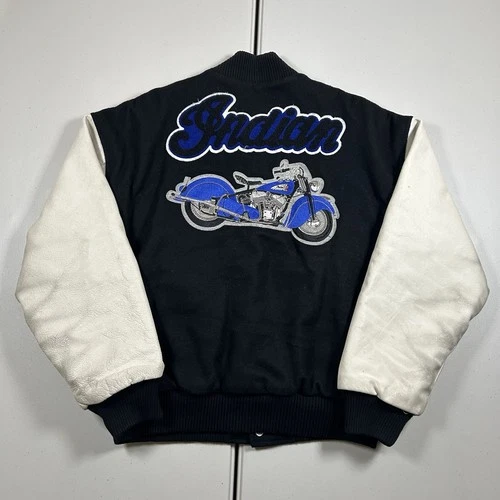 Vintage 90s Indian Motorcycles Bomber Varsity Jacket Leather Wool Size Medium video thumbnail