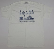 Vintage 90s Oregon Lighthouses Art Work Print T Shirt Made In USA White Sz L Vtg