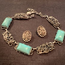 Vintage Necklace Earring Set Faux Turquoise  No Mark