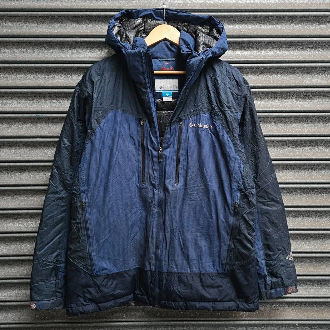 Columbia Omni Heat Down Jacket XXL Blue Black Hooded Puffer Coat Mens