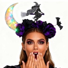 Witch Light Up Headband Black Rose Halloween Costume Hair Accessories Women