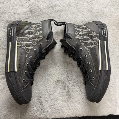 Authentic DIOR B23 Oblique Canvas Black Calfskin High Top Sneakers Shoes 44 / 11