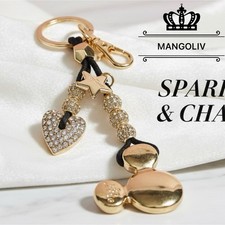 Disney Mickey Mouse Bag Charm Key Ring Crystal Heart Purse Accessory Gold Box