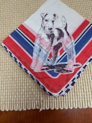 Vintage handkerchief Airedale or other terrier in red white blue dark brown