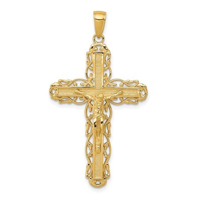 14K Yellow Real Gold Nugget Crucifix Cross Pendant 3.13gm, 44mm Large Necklace