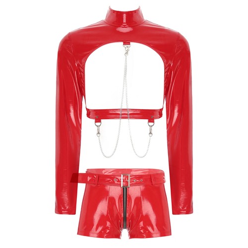 Men Shirt With Hot Pants Metal Crop Top And Shorts Long Sleeve Lingerie Set Fun - Picture 25 of 40