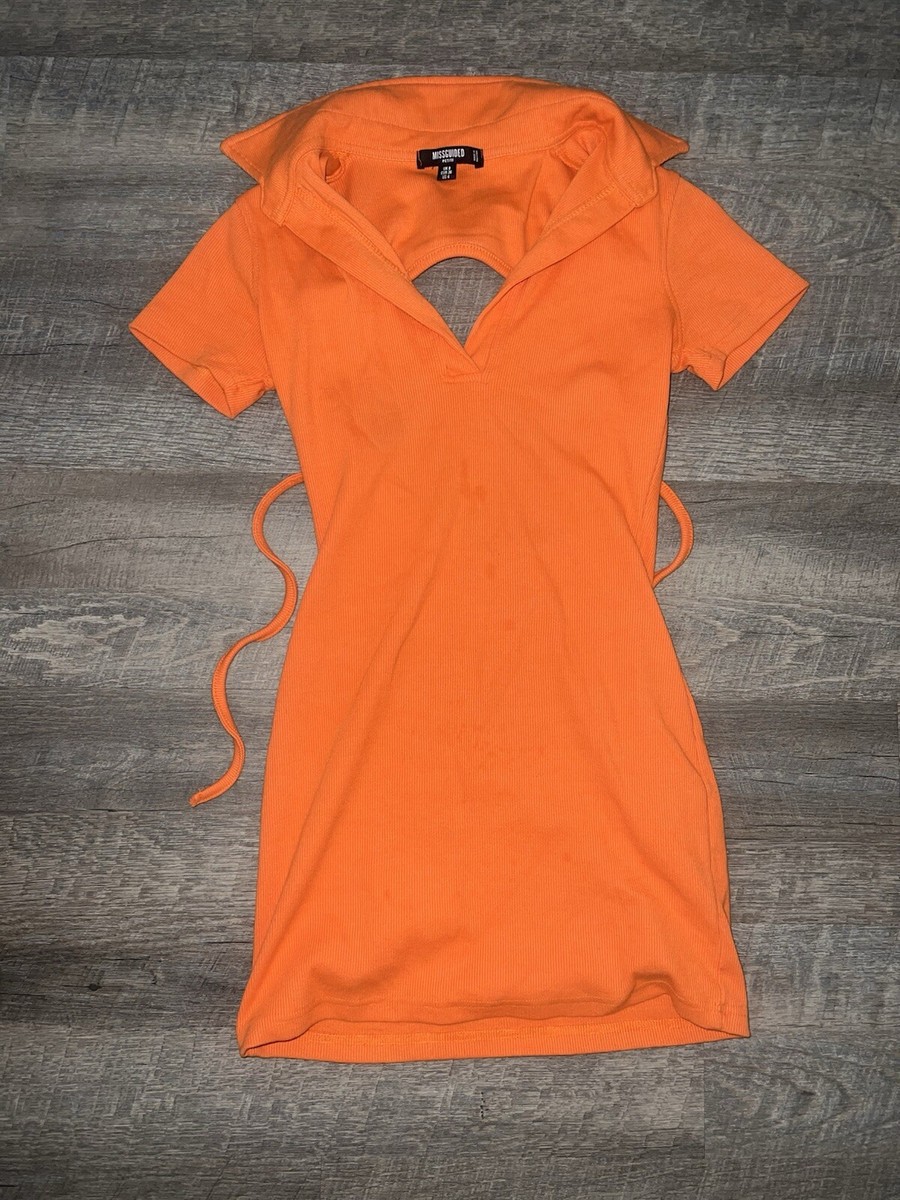 missguided orange dress MISSGUIDED Embellished Cut-Out Halter Neck Ruched Bodycon Mini Dress With Long Sleeves,S