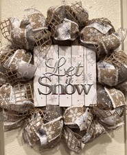 Farmhouse LET IT SNOW Burlap CHRISTMAS WREATH Deco Mesh RUSTIC Snowflakes