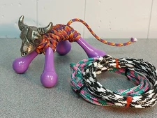 MICRO Mini Pewter Buffalo Skull Roping Dummy w/ Colorful Rooster Crows Ropes