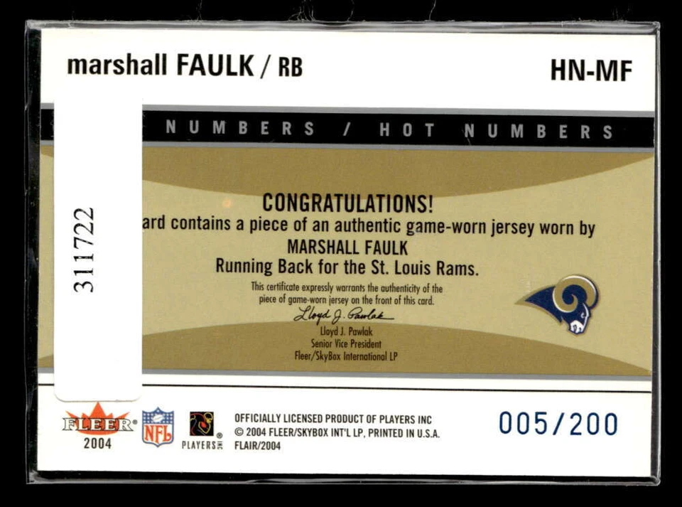 2004 Flair Marshall Faulk Hot Numbers Blue Game Used Jersey /200 Rams U3920 - Image 2 of 2
