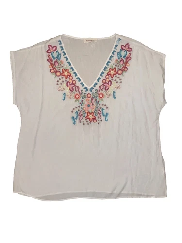 Solitaire Anthropologie Embroidered  Floral V neck Cap Sleeve Women's Top L 3475