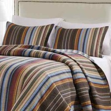 NEW COZY BROWN BLUE RED GREEN LODGE SOUTHWESTERN MODERN SOFT STRIPE QUILT SET
