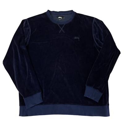 Stussy Script Velour Crewneck Sweatshirt Navy Sz Large