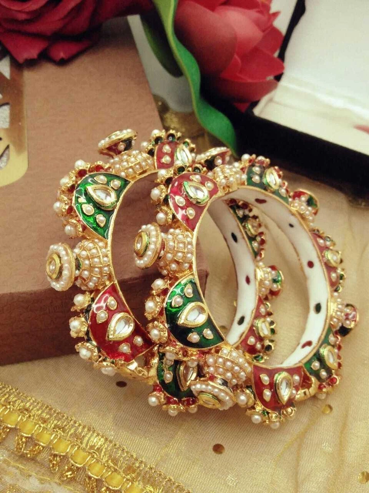 Indian Bangles 2 Pieces Enameled Handmade Yellow Gold Plated Bracelet Ethnic Set - Image 2 of 3