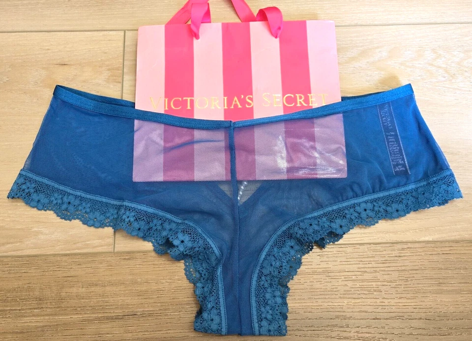 Bragas Victoria's Secret muy sexy de malla verde azulado con hilo de perlas descaradas recortadas con lazo L Foto 2 de 3