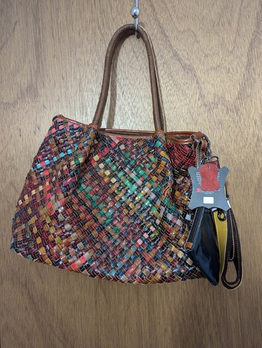 AmeriLeather Multicolor Woven Leather Tote Bag Satchel + Gray Wristlet NWT - Picture 2 of 6