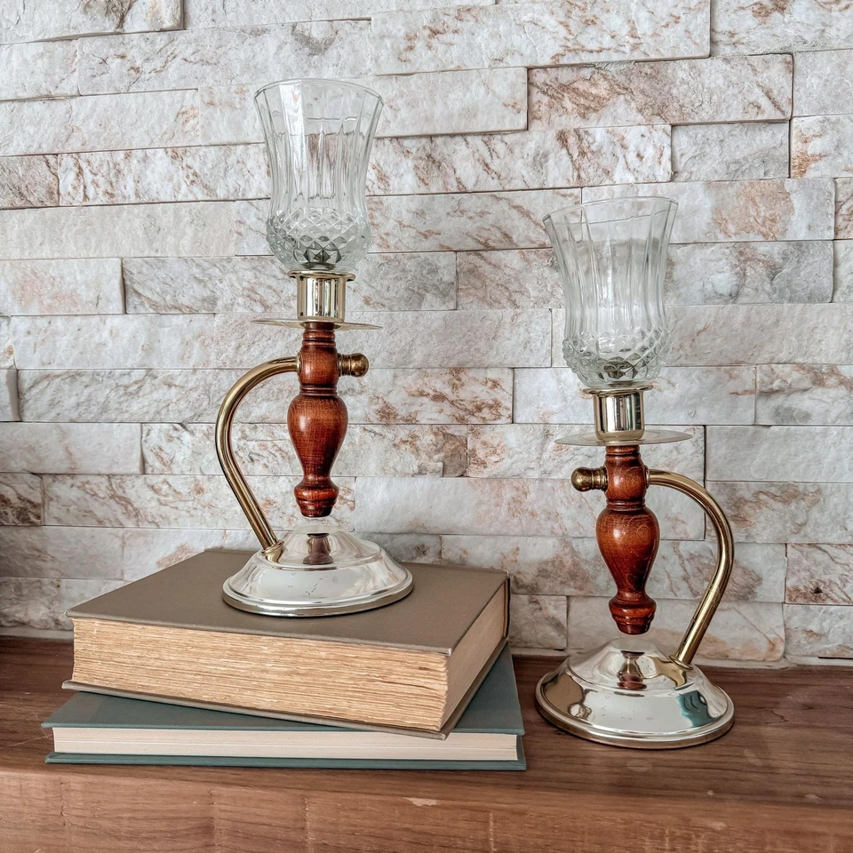 Apliques de pared de madera plateada de latón de dos tonos vintage candelabros de mesa Foto 2 de 4