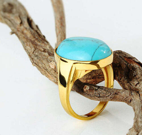 Blue Turquoise Men's Ring in 14k Yellow Gold, Natural Stone Ring for Men - Picture 1 of 44