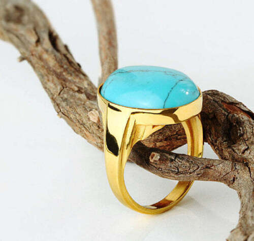 Bague homme bleu turquoise en or jaune 14 carats, bague en pierre naturelle pour hommes - Photo 1/44