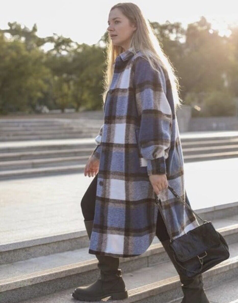 H&M Conscious OVERSIZED Wool Blend BLUE Plaid Long JACKET COAT Blogger  SHACKET