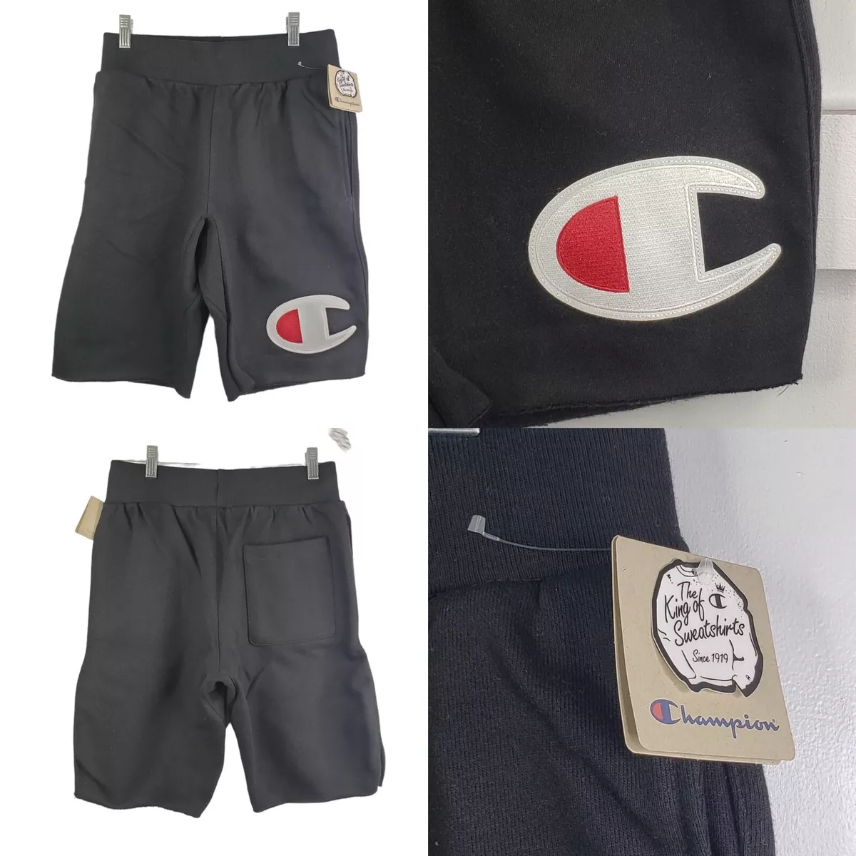 CHAMPION Mens Small Sweat Shorts Cut off Fleece Black Big LOGO