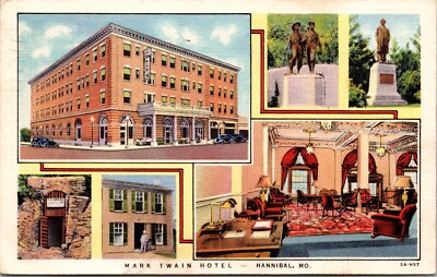 Linen Postcard Multiple Views of Mark Twain Hotel in Hannibal, Missouri