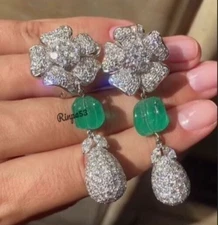 Women's Carved Emerald Cubic Zirconia Amazing Flower Earring 925 Sterling Silver