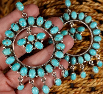 MASSIVE! $940 Navajo SLEEPING BEAUTY TURQUOISE Silver DANGLE Earrings 50 Grams